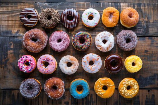 assorted colorful donuts of various flavors arranged on rustic wooden background food photography