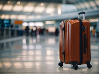 Airport luggage trolley with suitcases on blurred airport background. Ai Generative.