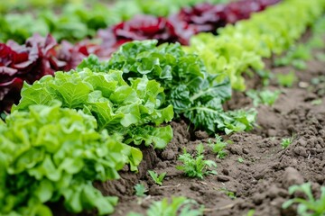 Fototapeta premium Rows of green lettuce and red salad plants in the organic vegetable garden
