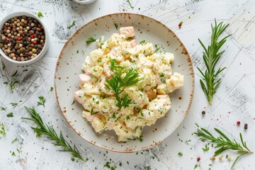 Russian Olivier salad with mayo on a plate White background Top view