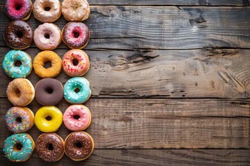 assorted colorful donuts of various flavors arranged on rustic wooden background food photography - obrazy, fototapety, plakaty