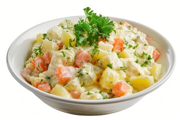 Fototapeta na wymiar Russian salad appetizer on white background vegan and healthy Local name rus salatas