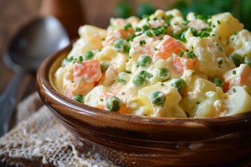 Russian Salad also called Oliver Salad is a favorite dish in many countries Made with potatoes mayo and veggies like peas carrots eggs or chicken - obrazy, fototapety, plakaty