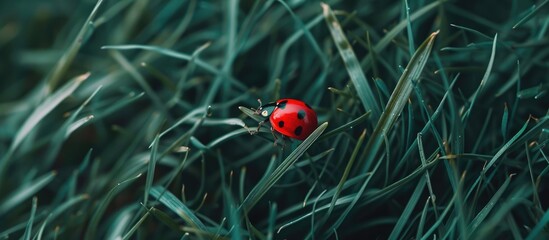 A red ladybug is seen alone on green grass.
