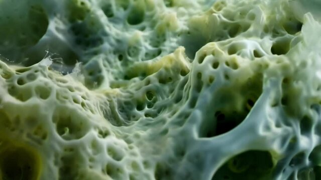 A microscopic view of an algae bloom colony showcases their otherworldly appearance with jagged edges and intricate cellular structures . AI generation.