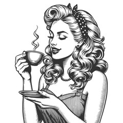 woman with cup of coffee sketch engraving generative ai fictional character vector illustration. Scratch board imitation. Black and white image.