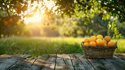 basket full of fresh summer mangoes on Wooden table top with blur nature farm and mango trees background, Fresh and Relax concept montage product display or design visual layout.View of copy space. - Powered by Adobe