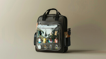 A school bag with a transparent window to showcase personalized keychains.