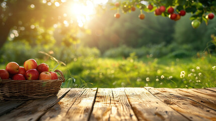 basket full of fresh summer fruits on Wooden table top with blur nature farm and grass field background, Fresh and Relax concept montage product display or design key visual layout.View of copy space.