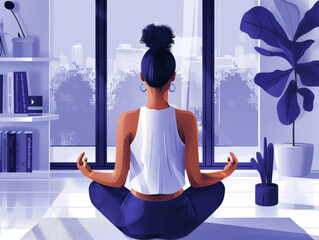 Illustration of a woman meditating by a window overlooking a cityscape.