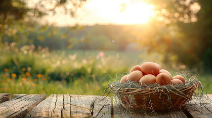 basket of eggs on Wooden table top with blur nature farm and grass field background, Fresh and Relax concept.For montage product display or design key visual layout.View of copy space. - obrazy, fototapety, plakaty