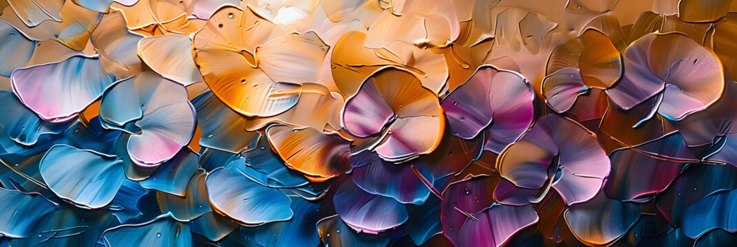 This abstract oil painting technique is characterized by leaves and flowers. It's stylish on paper. It's luminous and golden. Prints, wall papers, posters, envelopes, signs, murals, carpets,