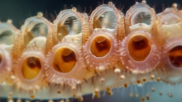A closeup view of a rotifers mouth revealing rows of tiny moving jaws that seem to be chewing on microscopic particles. . AI generation.