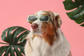 Cute Australian Shepherd dog in sunglasses on pink background, closeup. Travel concept