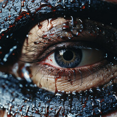 a horror close up of an eye transforming into an evil creature.