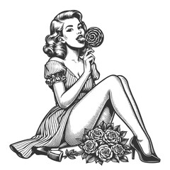 Pin-up girl woman eats swirl lollipop, evoking a sweet nostalgia sketch engraving generative ai fictional character vector illustration. Scratch board imitation. Black and white image.