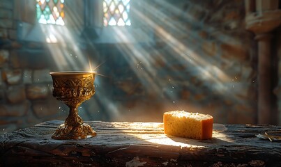Chalice and bread on a rustic wooden table in a solemn and sacred setting, bathed in divine sunlight