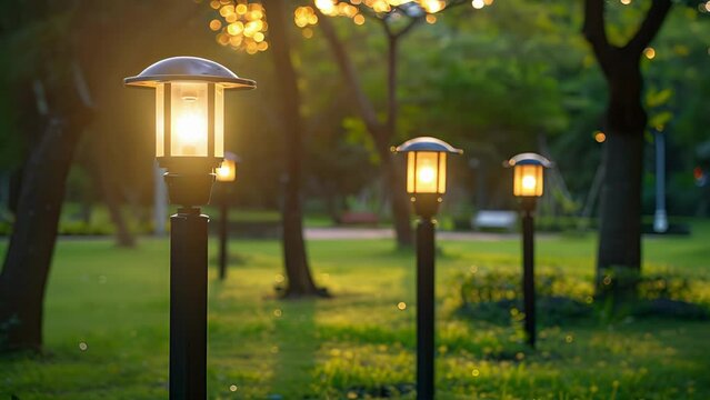 A spacious public park with lampposts that are equipped with solar panels providing ecofriendly lighting for visitors to enjoy even . .