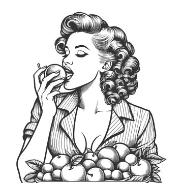  woman enjoys crisp apple, with a basket of freshly picked fruit, harvest time sketch engraving generative ai fictional character vector illustration. Scratch board imitation. Black and white image.