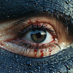 a horror close up of an eye transforming into an evil creature.