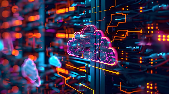 Serverless technology on hybrid cloud network with modern digital infrastructure equipment. Concept Serverless Technology, Hybrid Cloud Network, Digital Infrastructure, Modern Equipment
