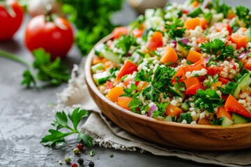 Salad with bulgur parsley and vegetables Focus on select ingredients - obrazy, fototapety, plakaty