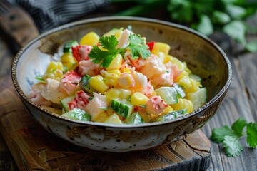 Salad with crab sticks pineapple cucumber and corn