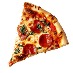 A slice of pizza with pepperoni on a white background 
