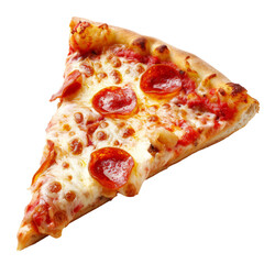 A slice of pizza with pepperoni and cheese on a white background