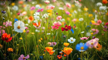 A close-up of vibrant wildflowers blooming in a meadow