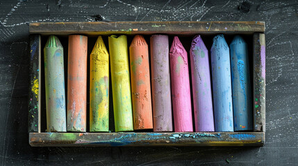 A set of colorful chalk sticks arranged in a box, ready for artistic expression on a chalkboard. - Powered by Adobe