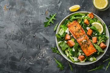 Salmon Caesar Salad from above with seafood options and space for text - obrazy, fototapety, plakaty