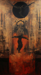 a dark muted and bizarre horror gothic baroque, religious detailed oil painting.