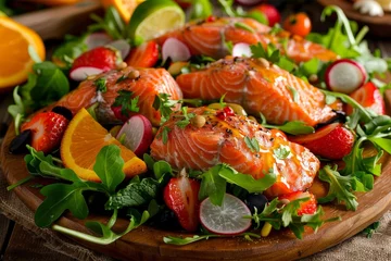 Foto op Plexiglas Salmon salad with fresh produce © The Big L