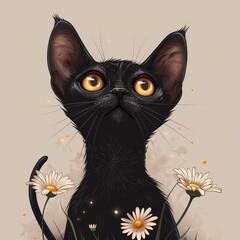 Obraz premium Linear drawing of refined oriental cat with daisy flower, highlighting big ears and sad eyes
