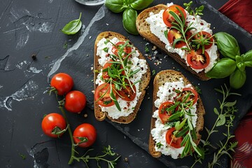 Sandwiches or bruschetta with ricotta and herbs on slate board