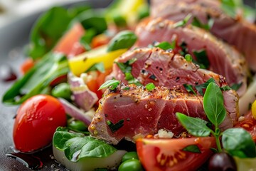 Seared Tuna with Salad Nicoise Closeup Image