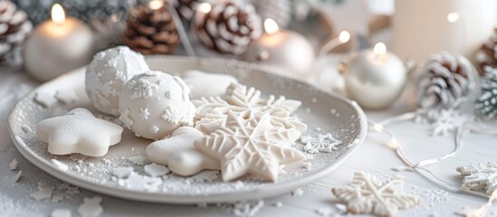Christmas plate decorated with white ornaments and sweets.
