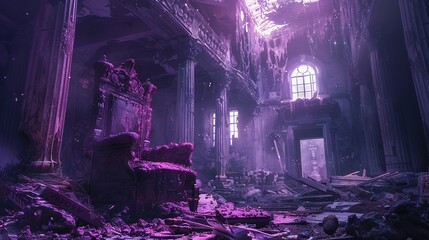 A post-apocalyptic throne room, where a Baroque throne sits amidst the ruins of power and grandeur, in baroque royal purple and apocalyptic shadow