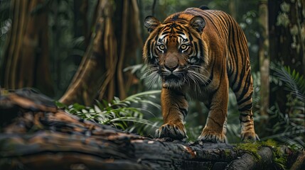 Fototapeta premium Forest Predator: Tiger's Intense Gaze in Natural Habitat