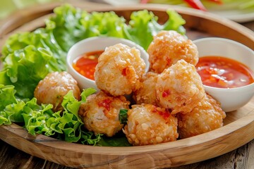 Shrimp meatball with sweet sauce on wooden surface - obrazy, fototapety, plakaty
