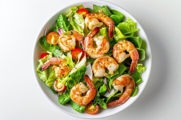 Shrimp Caesar salad on white plate and background from above