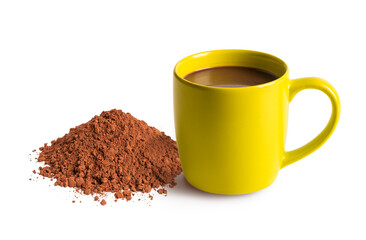 Cup of hot cocoa drink with cocoa powder on white background.