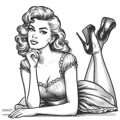  pin-up girl lying down with her heels lifted, showcasing vintage beauty style sketch engraving generative ai fictional character vector illustration. Scratch board imitation. Black and white image.