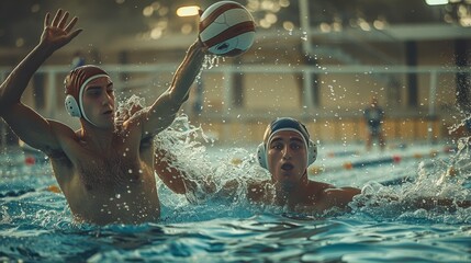Intense water polo match  two athletes compete for the ball in a well lit modern pool
