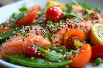 Smoked salmon and quinoa salad with cherry tomatoes and snow peas