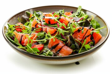 Smoked salmon salad with balsamic dressing in ceramic dish viewed from the front on a white background