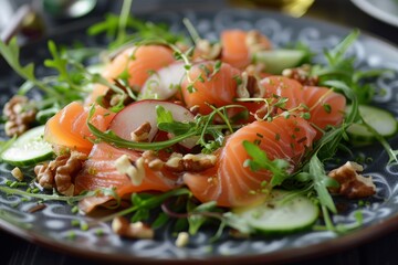 Smoked salmon salad with pear and walnut