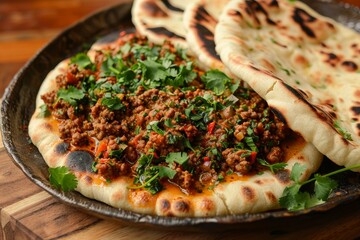 Spiced minced meat with flatbread and herbs