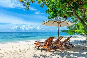 Wooden sun loungers under a parasol on a pristine beach, flanked by palm fronds and a view of the tranquil sea.